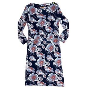 Tory Burch Navy Floral Midi Dress with White and Rust Accents